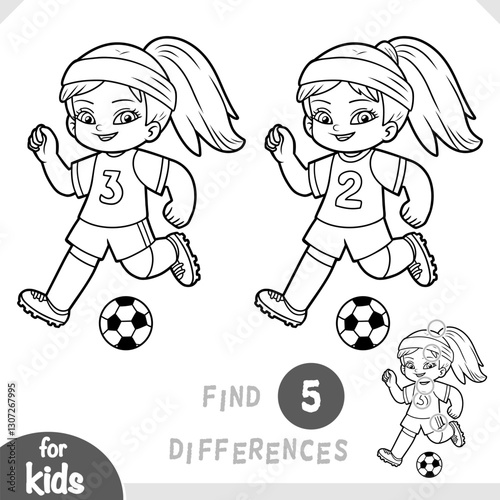 Cartoon character Football player girl with a ball. Find differences, educational game for children