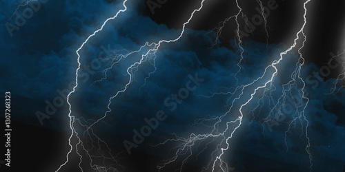 Lightning strikes in sky. Strong thunder storm in black clouds. Fork lightning striking down during summer storm. Marble texture, decorative dark stone. Blue neon.


