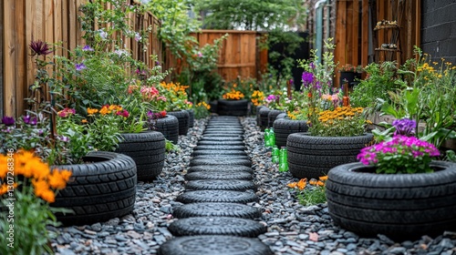 Garden path view. Flowers grow in black tires. Stones cover the ground. Fence runs along the side. Small plants blossom. photo