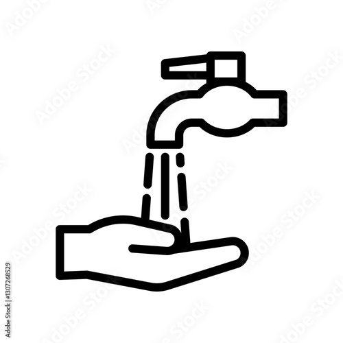 Black and white icon showing a hand being washed under a faucet, emphasizing cleanliness and hygiene practices