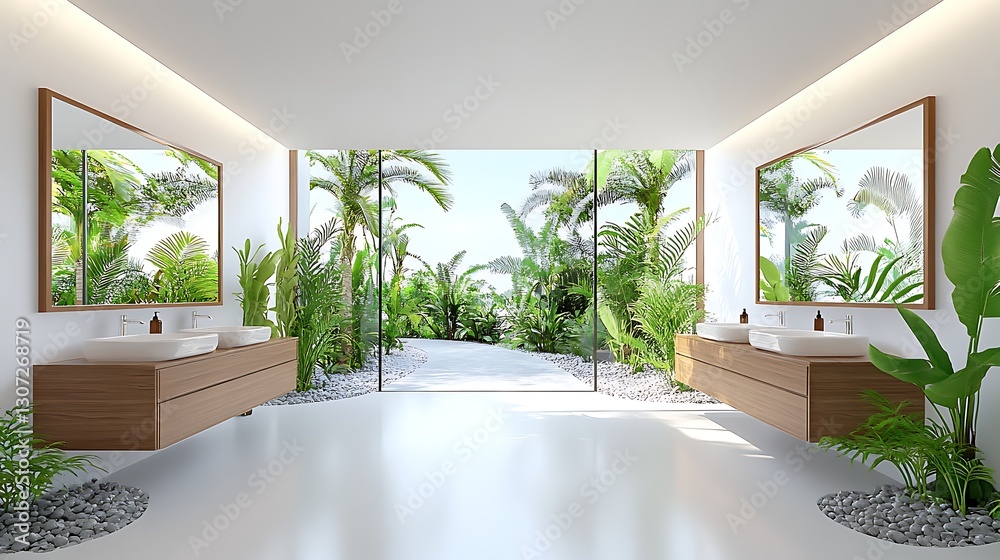 Fototapeta premium Luxurious Modern Bathroom Design with Tropical Garden View Double Vanity and Natural Wood