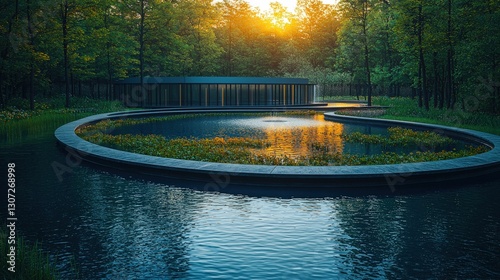 Lake View. Pond in a park, water reflects the setting sun. Trees surround a building. Evening at the lake in peaceful setting.