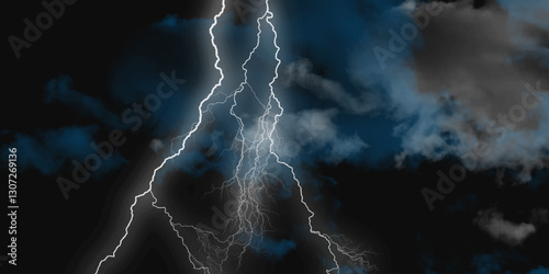 Lightning strikes in sky. Strong thunder storm in black clouds. Fork lightning striking down during summer storm. Marble texture, decorative dark stone. Blue neon.


