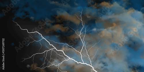 Lightning strikes in sky. Strong thunder storm in black clouds. Fork lightning striking down during summer storm. Marble texture, decorative dark stone. Blue neon.


