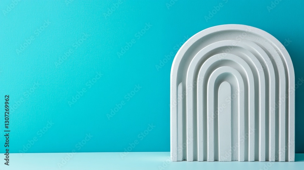 Fototapeta premium Minimalist white arch sculpture on a vibrant turquoise background, perfect for modern decor