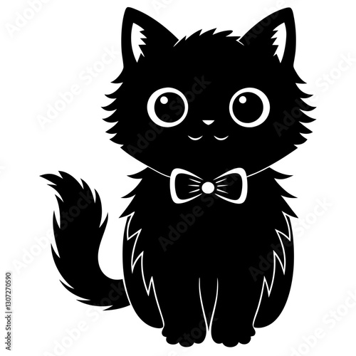 Adorable Fluffy Cat with Bow Tie - Black Silhouette Vector