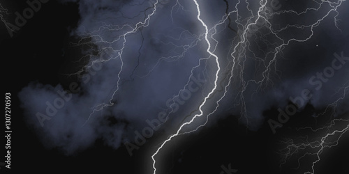 Lightning strikes in sky. Strong thunder storm in black clouds. Fork lightning striking down during summer storm. Marble texture, decorative dark stone. Blue neon.


