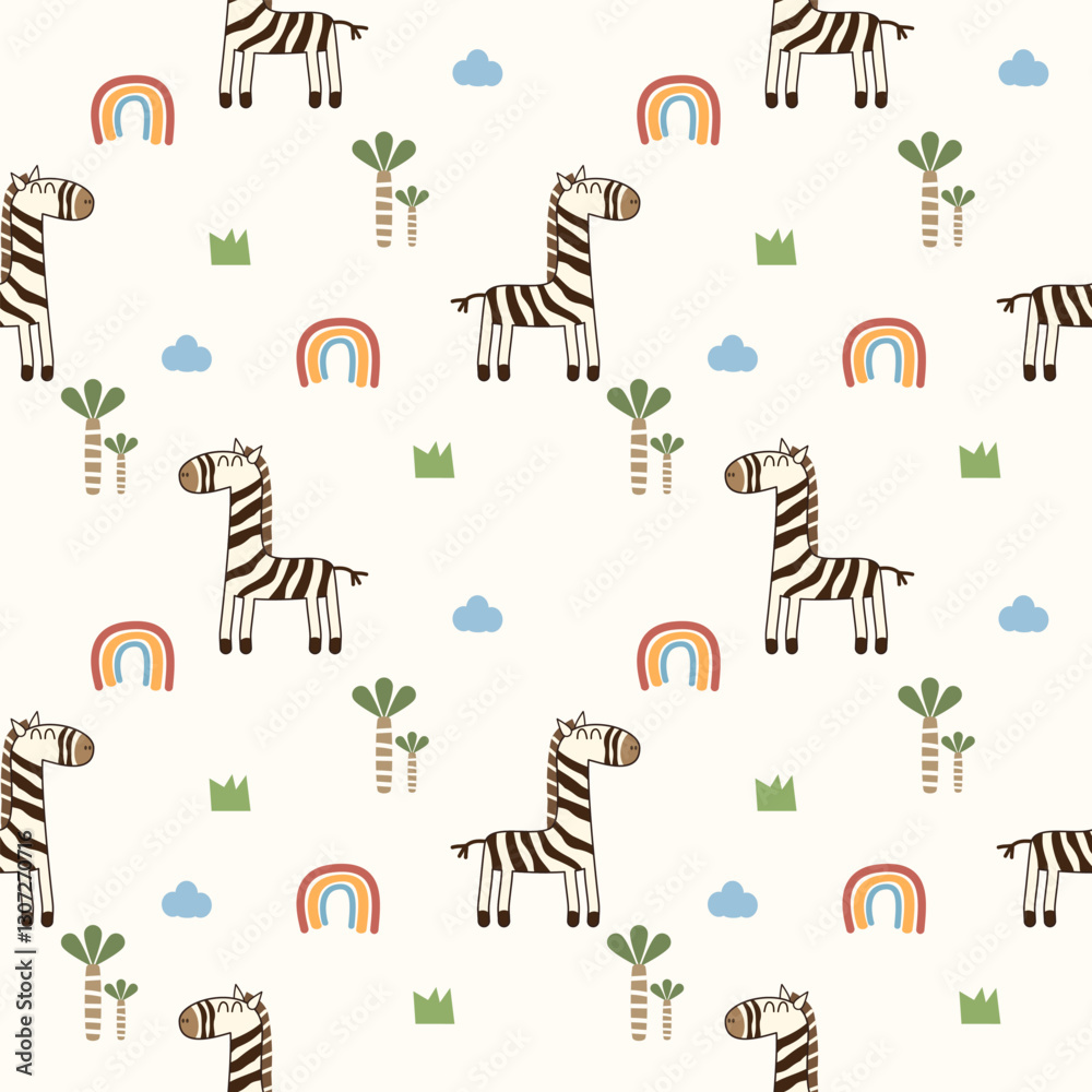 Fototapeta premium Zebra cartoon so cute. On rainbow cloud grass tree background. Pattern seamless vector illustration. 
