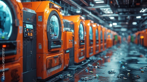 Orange machine row. Metal floor with scattered objects. Interior view of many similar units. Long line of equipment. Industrial feel. photo