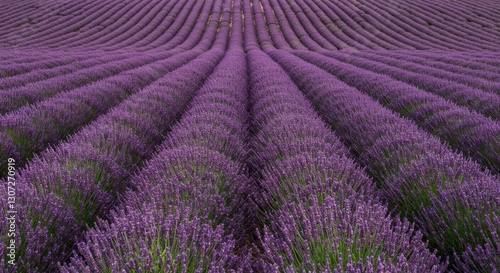 Vibrant lavender fields in full bloom, stretching across the landscape under a clear sky