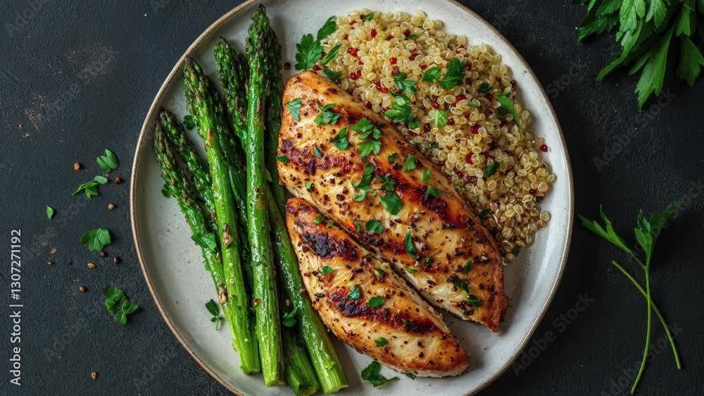 Grilled Chicken With Asparagus and Quinoa on a Plate