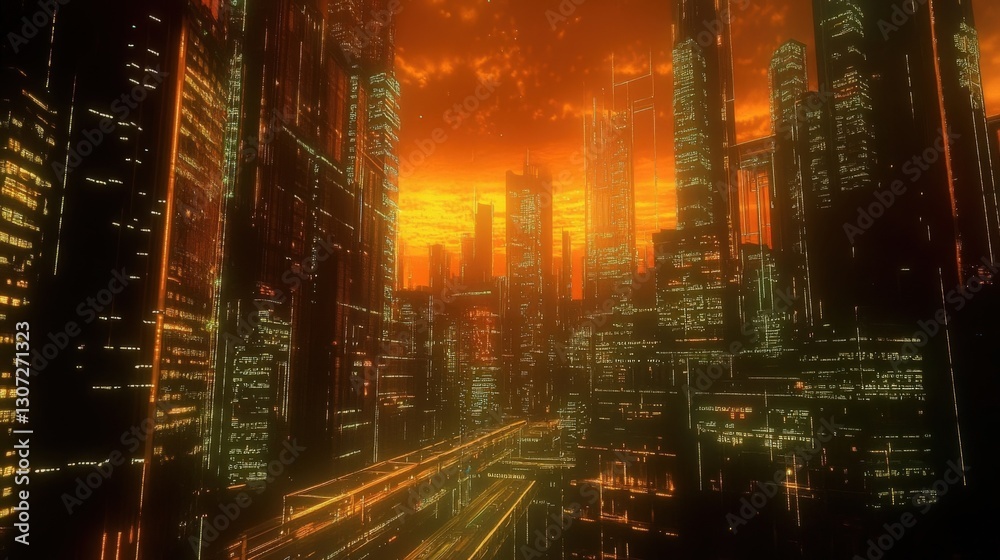 Fototapeta premium Futuristic cityscape with glowing buildings and flying vehicles at sunset, showcasing advanced technology and urban development in a vibrant metropolis