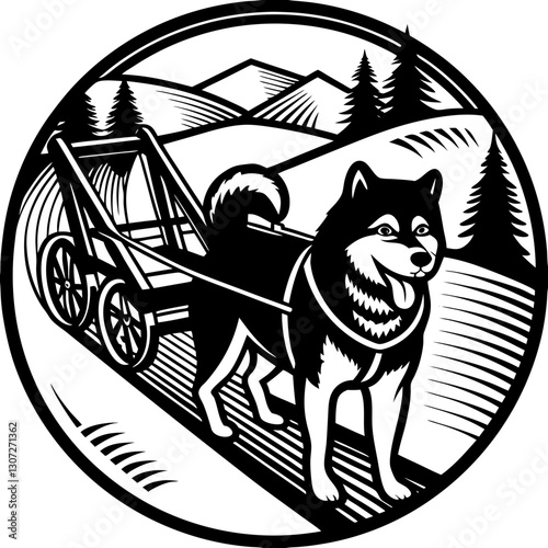 Sled Dog Pulling a Wagon in the Mountains - Black and White Vector Illustration