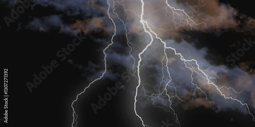 Lightning strikes in sky. Strong thunder storm in black clouds. Fork lightning striking down during summer storm. Marble texture, decorative dark stone. Blue neon.


