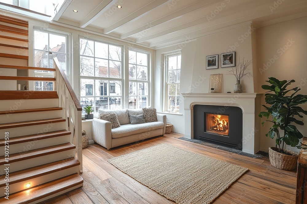 Obraz premium Elegant Dutch living room with wooden floor, modern furniture, and large windows filling the space with natural light. Cozy fireplace and soft ambiance lighting.