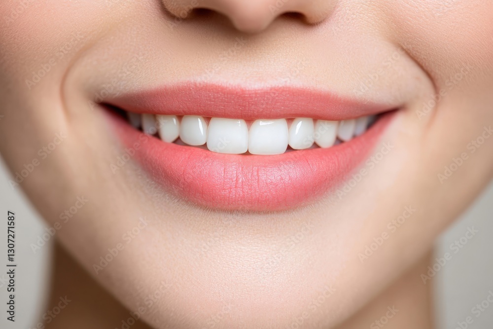 Fototapeta premium Woman smiling showing white teeth and pink lips in macro shot