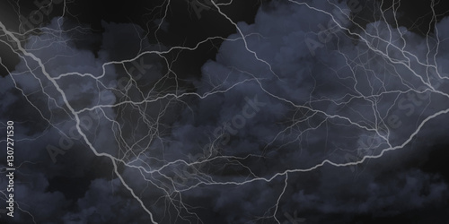 Lightning strikes in sky. Strong thunder storm in black clouds. Fork lightning striking down during summer storm. Marble texture, decorative dark stone. Blue neon.



