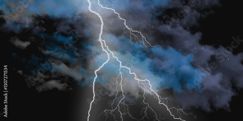 Lightning strikes in sky. Strong thunder storm in black clouds. Fork lightning striking down during summer storm. Marble texture, decorative dark stone. Blue neon.


