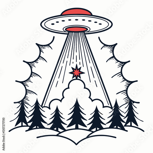 UFO Abduction Scene with Alien Figures - Sci-Fi Vector Illustration