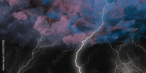 Lightning strikes in sky. Strong thunder storm in black clouds. Fork lightning striking down during summer storm. Marble texture, decorative dark stone. Blue neon.


