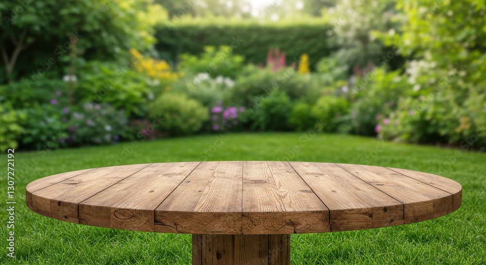 Wooden round table in a lush garden setting with vibrant flowers and greenery Wooden round table in a lush garden setting with vibrant flowers and greenery
