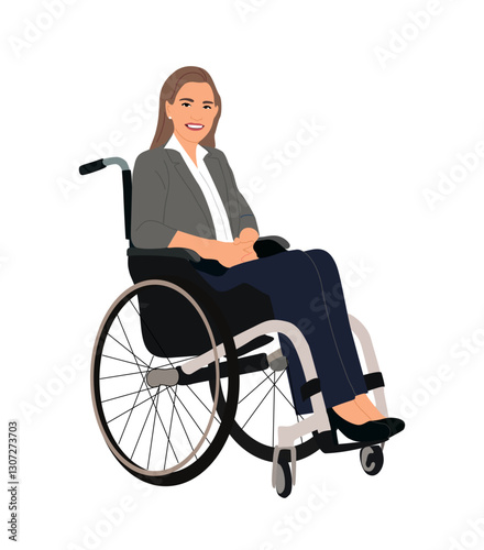 Smiling business woman sitting in wheelchair. Pretty lady wearing formal suit with physical disability, impairment. Disabled female cartoon character. Vector illustration isolated 