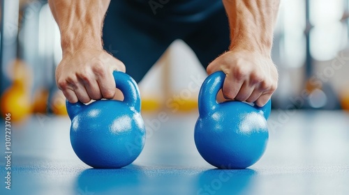 Obraz na płótnie Strong Hands Holding Two Blue Kettlebells