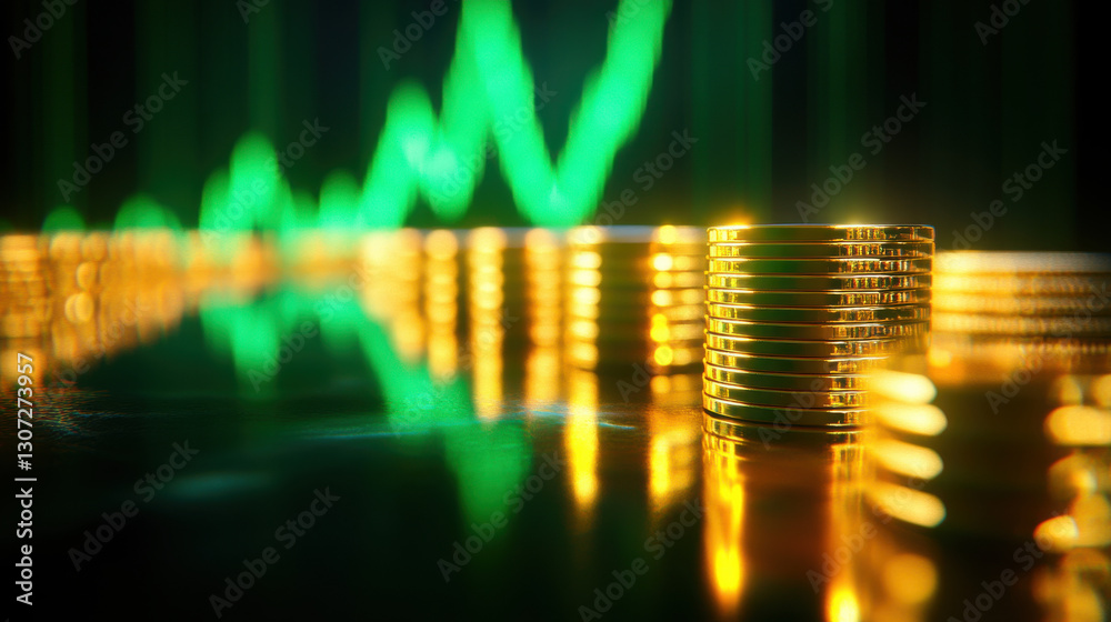 Stacks of gold coins reflecting light on glass table with green graph Stacks of gold coins reflecting light on glass table with green graph