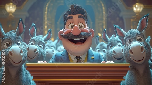 Cartoon man speaks before donkeys in a government building.  Possible use political satire