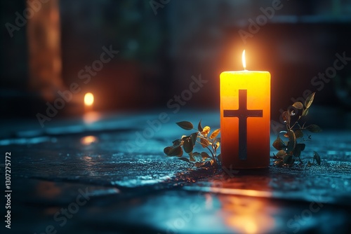 An picture of a crucifix surrounded by the gentle glimmer of a candle, signifying expecting light, in the calm meditation of Holy Saturday. Generative Ai