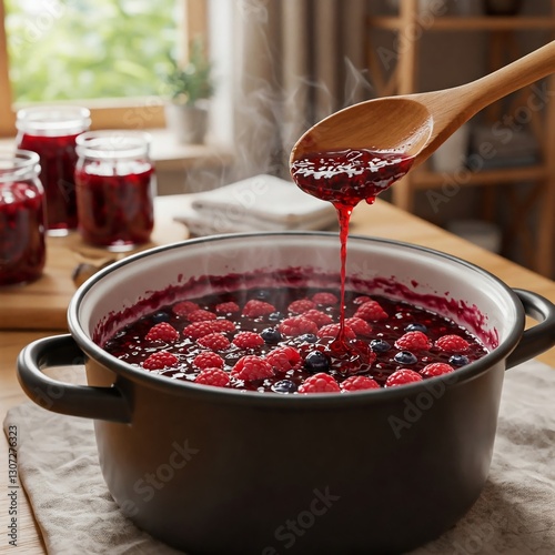 A close-up of a steaming pot filled with boiling jam, wooden spoon dipped in, bubbles rising. Warm lighting, soft blurred background of a cozy kitchen. Ultra-realistic, 4K.