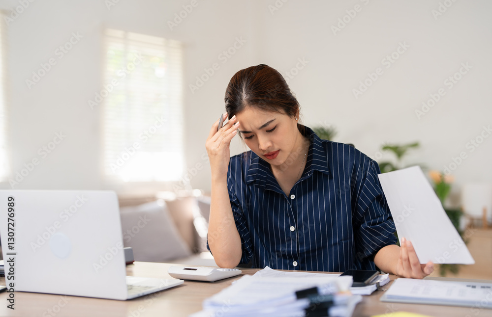 Workaholic woman on weekend do work at home sit at desk, self-employed female hold documents check data using laptop looks at screen working, usage of e-banking Workaholic woman on weekend do work at home sit at desk, self-employed female hold documents check data using laptop looks at screen working, usage of e-banking