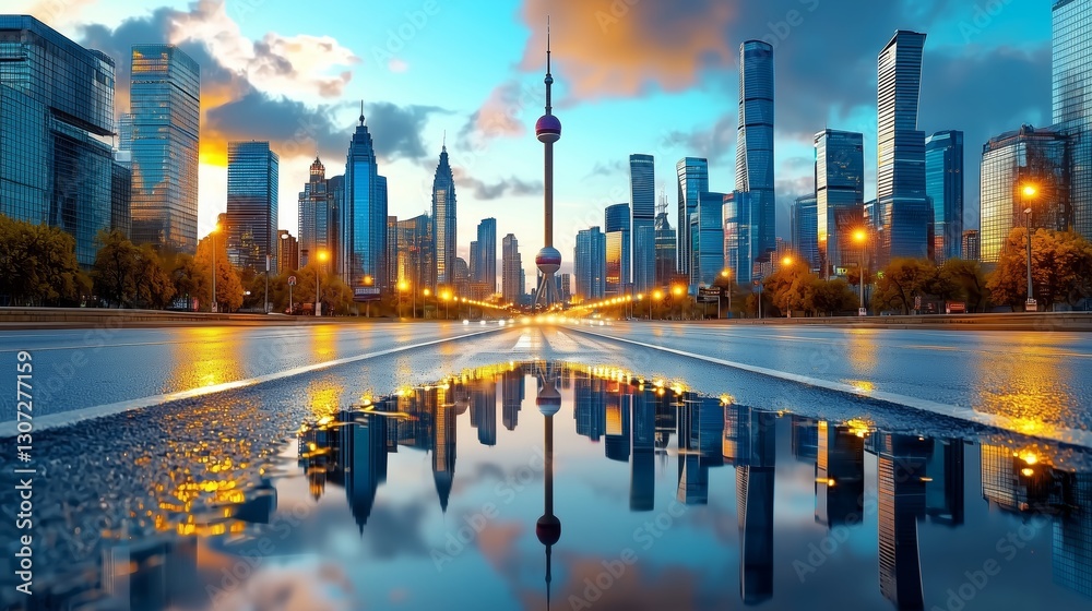 Fototapeta premium Stunning Urban Skyline Reflection at Dawn