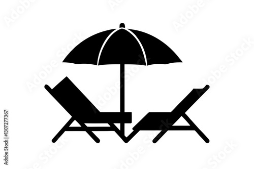 Beach Umbrella and Lounge Chairs Silhouette - Relaxing Vector Illustration