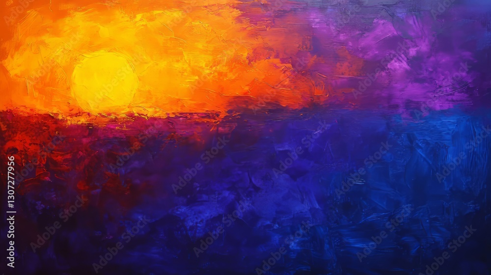 Naklejka premium sunset, top view, indigo solid background, brilliant sun setting in a rich, deep blue sky, intense oranges and purples blending across the horizon.