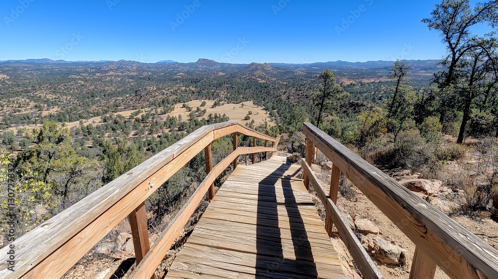 Elevated View of a Sunny Landscape from Wooden Staircase Elevated View of a Sunny Landscape from Wooden Staircase
