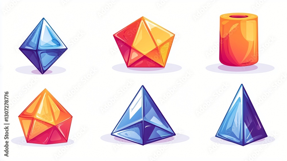 Colorful geometric gems, 3D shapes, white background, game design assets Colorful geometric gems, 3D shapes, white background, game design assets