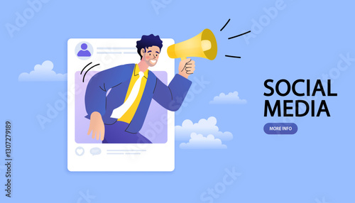 man holding a megaphone with speech bubbles. Megaphone notification. business promotion. call through the horn. Refer a friend word. Advertising concept. social media marketing. vector