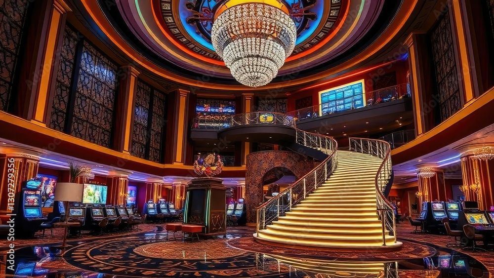 Casino's majestic lobby with a sweeping staircase, casino lobby, grandiose, luxurious Casino's majestic lobby with a sweeping staircase, casino lobby, grandiose, luxurious