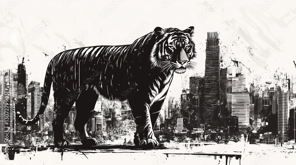 Naklejka premium tiger, line-art, macro, cityscape background, sharp silhouette of the tiger standing against an urban backdrop, full of life.