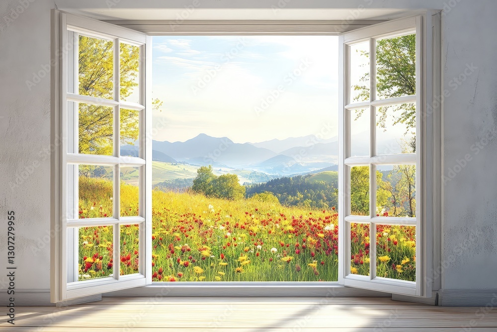 Window with summer landscape view. AI generated illustration. Window with summer landscape view. AI generated illustration.