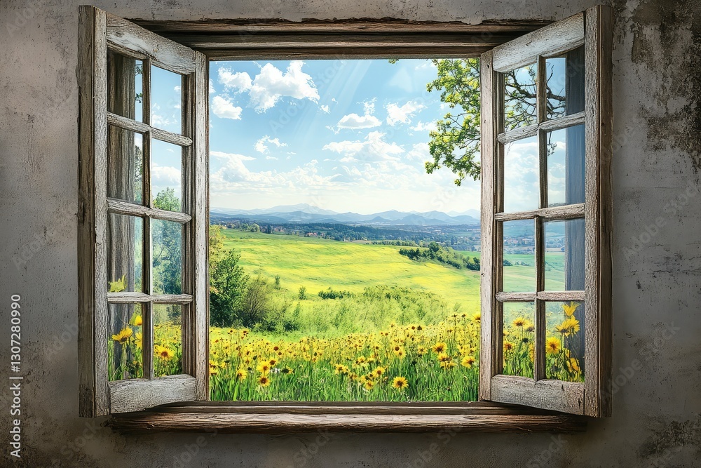 Fototapeta premium Window with summer landscape view. AI generated illustration.