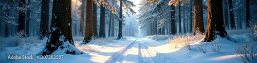 Wallpaper Mural Forest floor blanketed with first snowfall amidst towering trees, evergreen, peaceful Torontodigital.ca