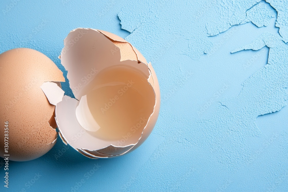 Broken Egg Shell with Remaining Egg White - A close-up shot of a broken eggshell on a light blue background, showcasing the remaining egg white inside one of the halves