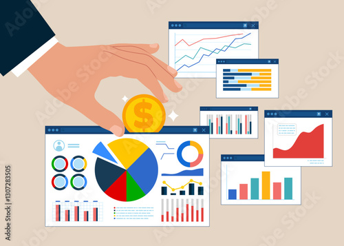 Hand putting coin a browser. Web reporting dashboard monitoring, and data analysis research for business financial planning. Investment profit growth, financial advisor. Flat vector illustration