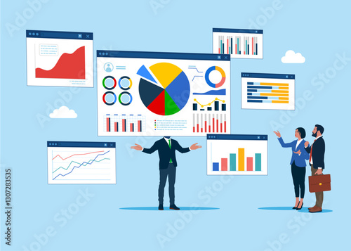 Businessman with a web browser instead instead of a head on shoulders. Analysis and monitoring on web report dashboard. data analysis research for business financial planning. Vector illustration