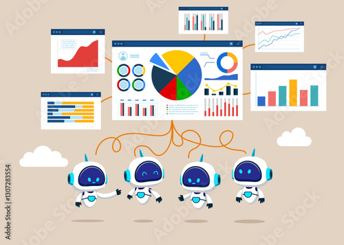 Robots thinking and got analyze graph and chart. Financial Report. Reviewing investment portfolio. Online business making money, investment return. 