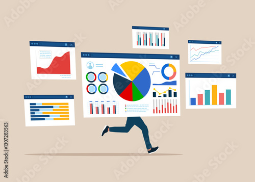 Funny guy browser instead of body. Analyze graph and chart. Business data analysis research and finance investment planning.  Flat vector illustration.