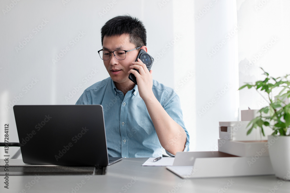 asian businessman using smart phone and laptop in office asian businessman using smart phone and laptop in office