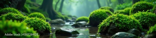Green moss on rocks in a misty forest environment, plant, atmospheric, forest